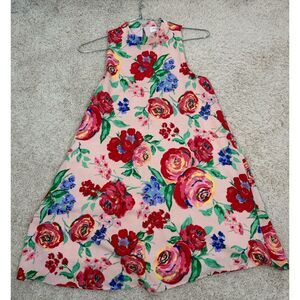 Everly Women's Multicolor Floral‎ Swing Shift Halter Dress Size S Teardrop Neck